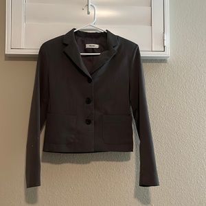 gray blazer with a mini skirt